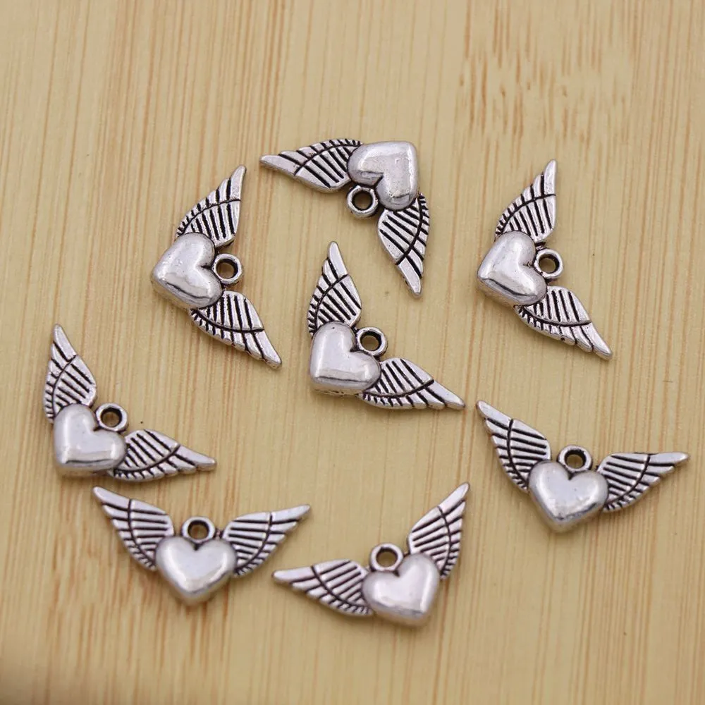 Antique Silver Angel Heart Wings Spacer Angel Wing Charm Beads For