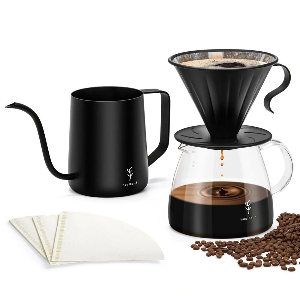 Pour Over Coffee Set: 600ml Drip Kettle, V60 Dripper, Glass Coffee ...