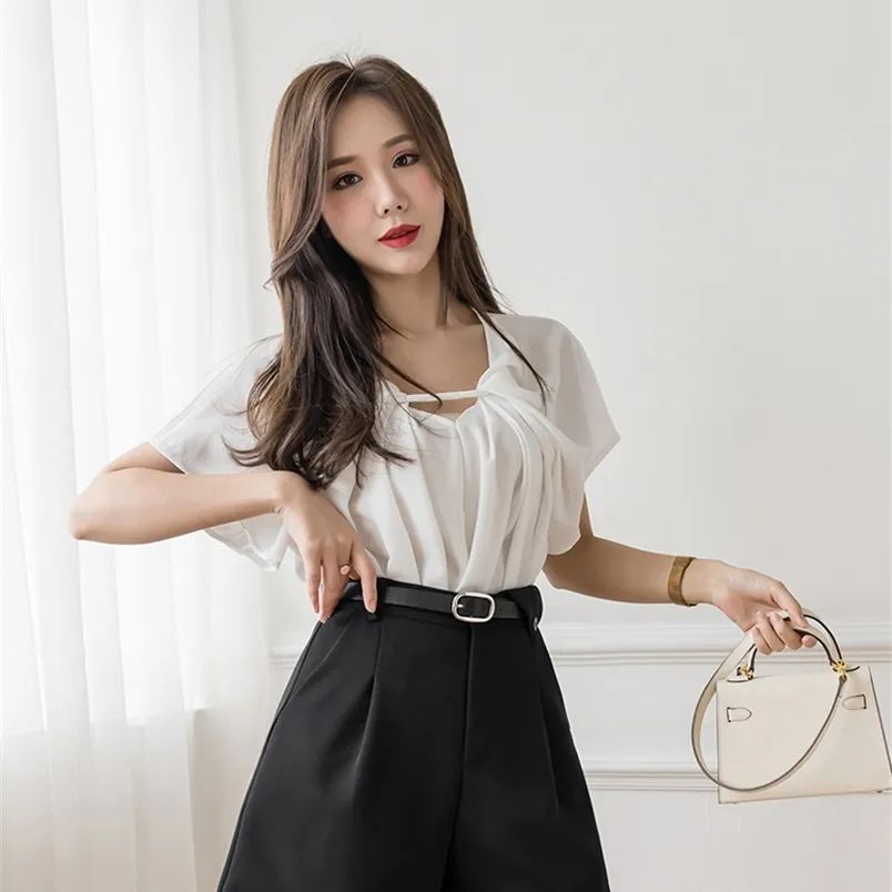 السراويل الصيف الإناث الأزياء الكورية نمط عالية الخصر السود السود أزياء واسعة الساق نحيل دعوى السراويل القصيرة 210507