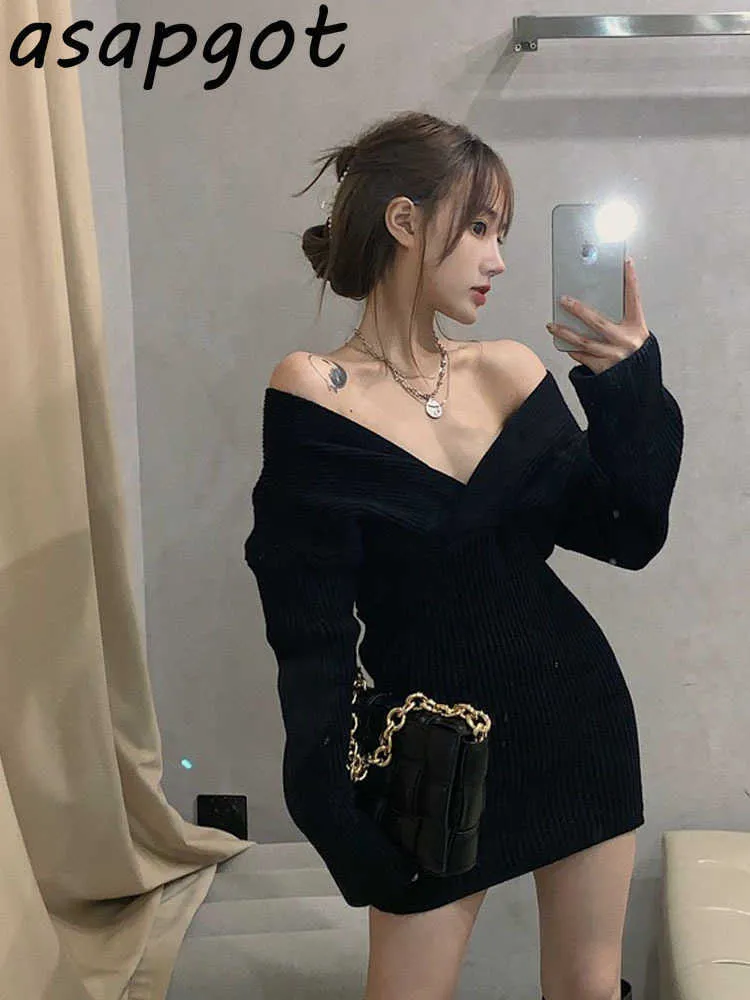 Slim V-образным вырезом с длинным рукавом Wrap Whip Pullovers вязаное платье женщины короткий черный свитер платье осенний зимний темперамент шикарный корейский 210610