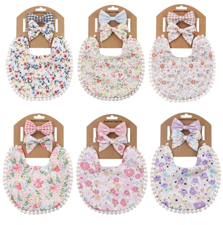 Baby bib double-faced Bibs grid printing burp cloth Cotton flax Bow headband Hair accessories Infant Set 3 Pieces kids Gift Sets wmq890