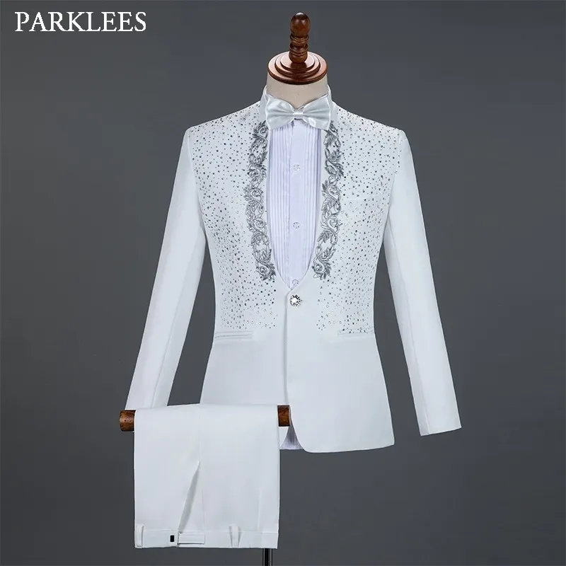 2 pièces blanc un bouton or broderie diamant costume hommes marque col montant slim fit mariage marié costumes pour hommes avec pantalon Terno 210522