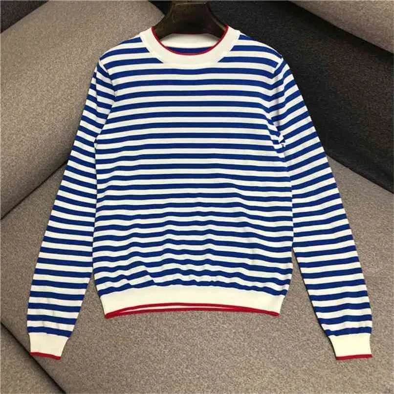 Lyxig designer Märke Stickade Pullovers för Kvinnor Vintage O Neck Blue White Navy Stripes Sweater 210914