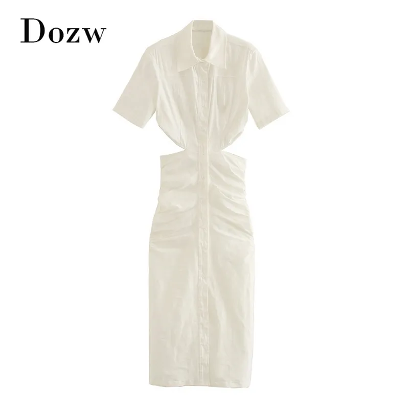 Женщины праздник белая рубашка платье плиссированные без спинки шикарные стильные длинные однократные кнопки с коротким рукавом сексуальные тонкие халаты 210515