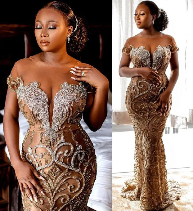 Plus Size Arabic Aso Ebi Gold Luxurious Mermaid Prom Dresses Sheer Neck Beaded Lace Evening Formal Party Second Reception Gowns Dress ZJ236