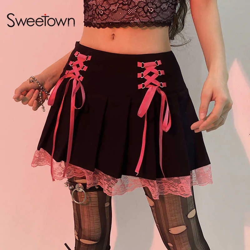 Women's Lace-Up Gothic Pleated Mini Skirt – Harajuku Y2K Punk Aesthetic, High Waist A-Line - View #5