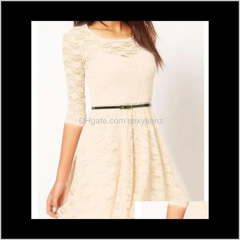 tch160441 sexy women ladies slim spoon neck 3/4 sleeve perspectivity lace sakter dress with belt plus size1 djjt#
