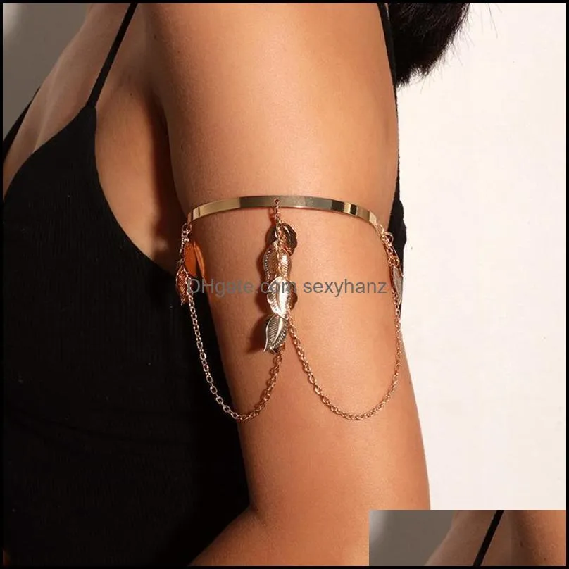 Bangle Vintage Metal Leaf Pendant Adjustable Arm Chain Bracelets Hand Jewelry For Women Gold Open Upper Armband Cuff Charms Body