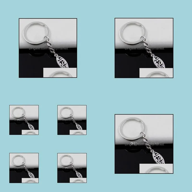 Hot 20pcs/lot DIY Accessories Antique silver Zinc Alloy fish jesus Chain key Ring Keychain