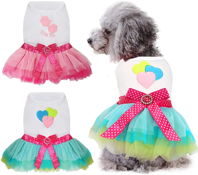 Embroidery Love With Red Lips Pet Suspender Skirt Dog Apparel Doggy Clothe Princess Dresses Wedding Skirts Bow Evening Dress Dogs Clothes for Small Dogg XS Blue A08