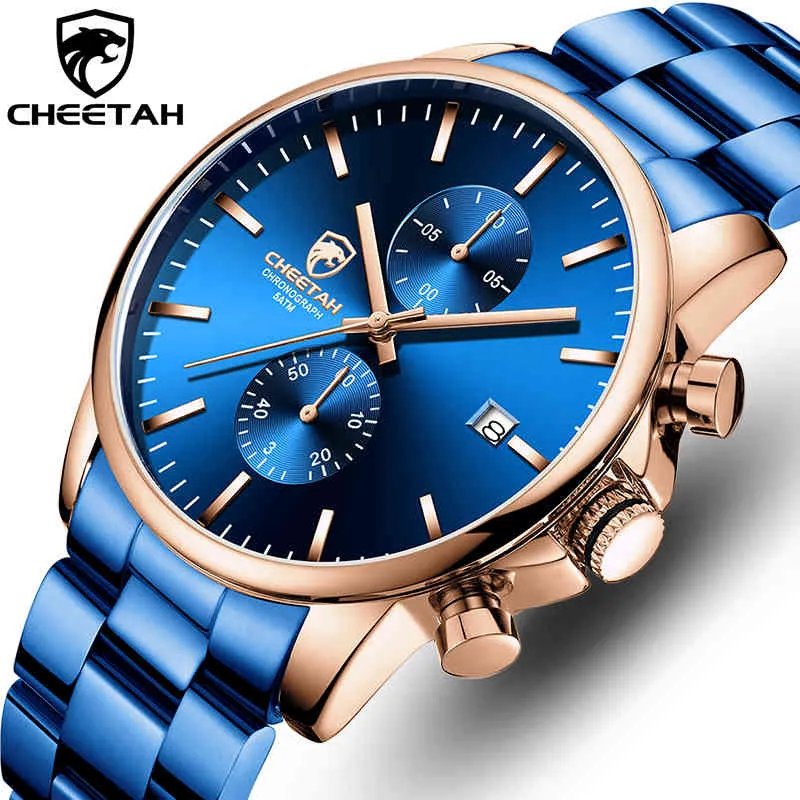 Blå mens klockor med rostfritt stål Cheetah Top Märke Luxury Men Sport Chronograph Quartz Men Watch Relogio Masculino 210517