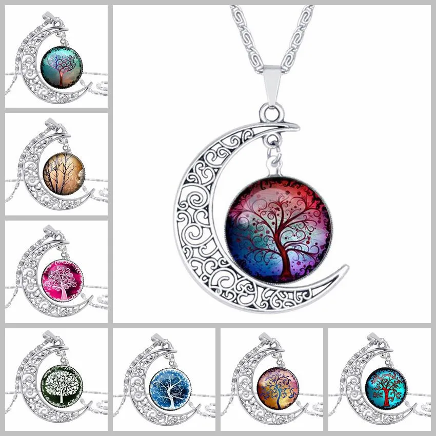Tree of Life Necklace Gemstone Moon Glass Cabochon Necklace Pendant Silver Chain Fashion Jewelry for Women