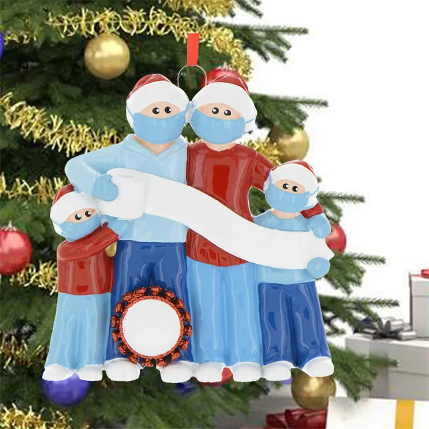 Quarentena Família de 3/4/5/6 com Máscaras Faciais Resina Papai Noel Enfeite de Natal Faça Você Mesmo Árvore de Natal Pingente Decorações de Festa Brinquedos de Desenho Animado GGE1717