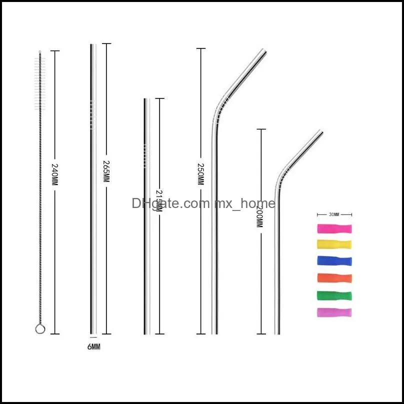 Straight Bend Stainless Steel Straw Set With Cleaning Brush Silicone Tips Reusable Metal Drinking Straws Home Party Bar Tool VT0670