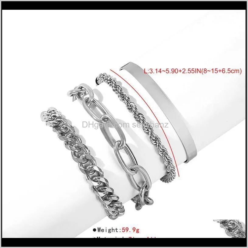 4pcs/set hip hop bracelet bangles for women men chunky thick cuban bracelets punk vintage silver gold twisted rope chain bracelet