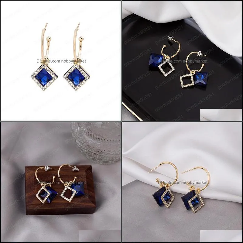 925 silver needle earring Korean temperament super flash diamond square blue crystal earrings thin C-shaped earrings studs for women