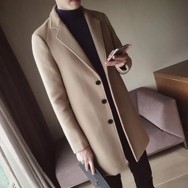 Mäns Ullblandningar Höst Vinter Män Slå ner Krage Overcoat Solid Färg Slim Fit Male Trench Coat Fashion Mid-Long Jacket M-5XL