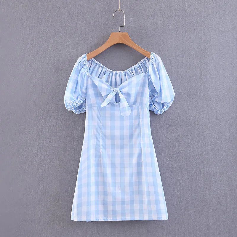 Mode Lace-up Stropless Klänning Sexiga Kvinnor Plaid Mini Klänningar Kortärmad A-Line Sommarlov Casual Vestido Mujer 210520