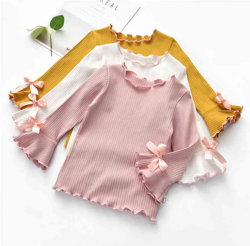 New Spring Fall Winter Girls Shirts Kids White Pink Long Sleeve Lace Bow Baby Girl Tops t shirt Toddler Children Clothes Gifts G1224