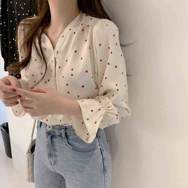 Spring Women Chiffon Shirt Koreanska Mode Långärmad Vit Skjortor Kvinnor Streetwear Kontor Blus Elegant Lady Heart Print Tops H1230