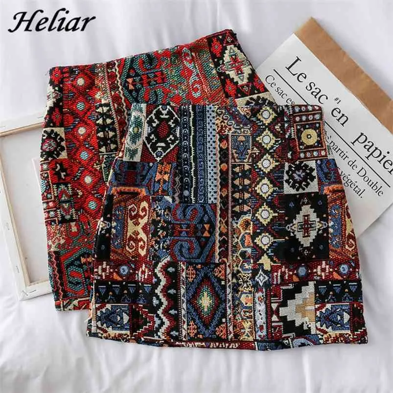 HELIAR Women Boho Skirt Embroidery A-Line Mini Skirts Chic Geometry Pattern Woolen Wide Leg Vintage Bohemian Folk Skirt 210730