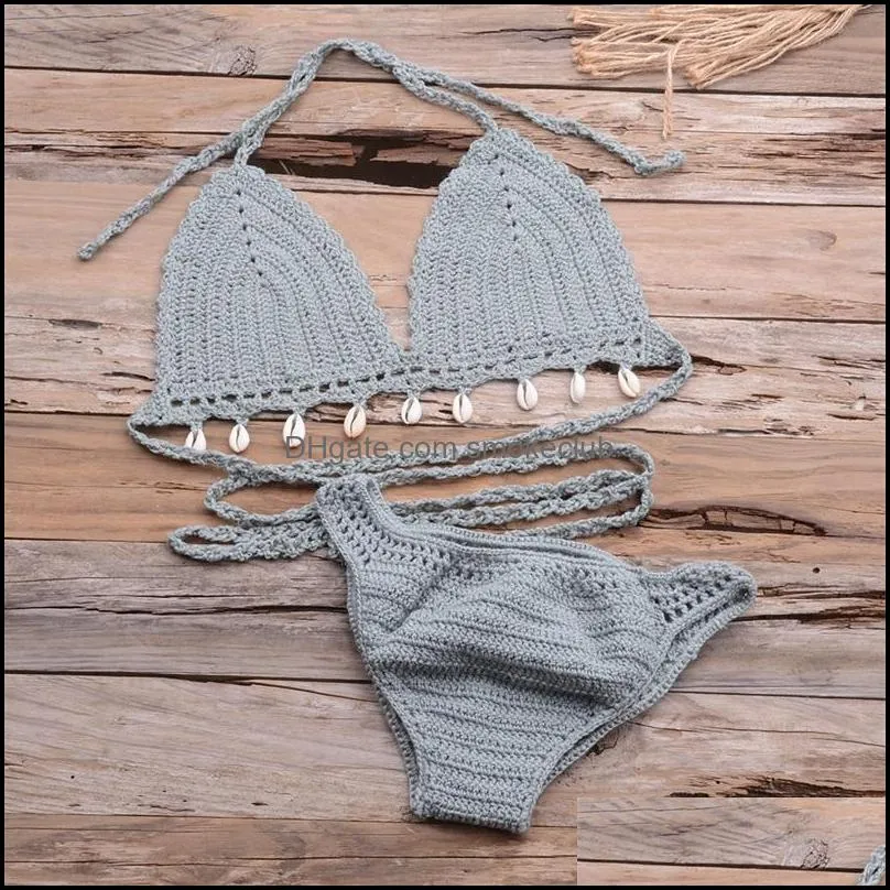 3pcs Bikini Set Woman Crochet Shell Tassel Bikini Top And Seashell Ankle Chain Sexy Thong Hollow-out Low Waist Bikini Bottom 895 Z2