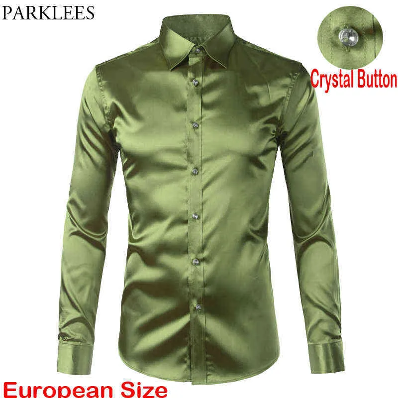 Groene zijde satijn jurk shirt mannen 2020 luxe gloednieuwe casual dance party lange mouw chemise gladde rimpel gratis smoking shirts G0105