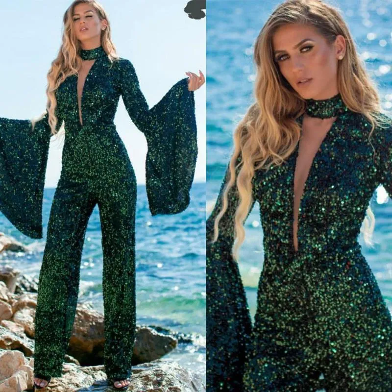 Donkergroene jumpsuitsequinde avondjurken halter nek dichter lange mouw outfit prom jurk staart jurken staartjurken