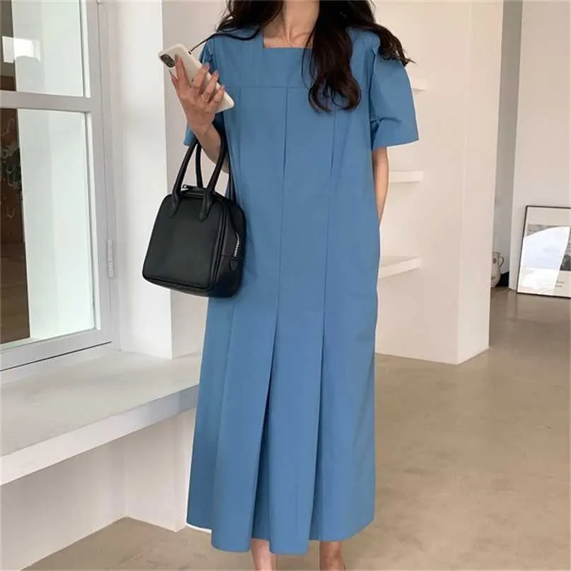 Retro Chic Femme Square Collar Summer All Match OL Casual Loose Solid Gentle Vintage Long Dresses Vestidos 210525