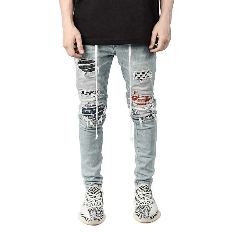 Nouveaux hommes Zipper Slim Skinny Jeans Stretchy Ripped Biker Broderie Imprimer Détruit Jeans X0621