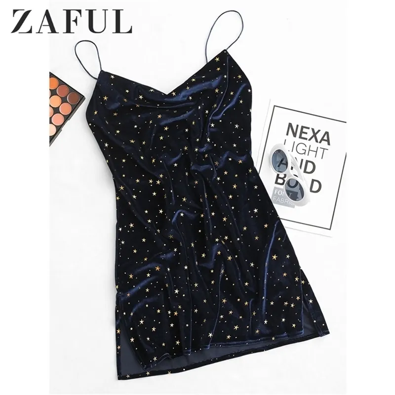 Zaful Estrelas Side Slit Veludo Cami Dress Mulheres Sexy Cocktail Partido Mini Vestidos Sem Mangas Speaghetti Strap A-Line Curto Vestidos 210409