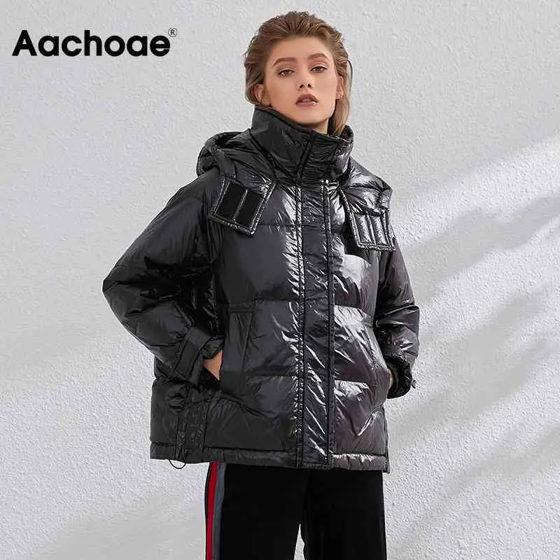aachoae冬のウルトラライトアヒルダウンコート女性のバットウィングスリーブ緩いフード付きジャケット厚い暖かいふわふらジャケット軽量Doudoune 210413