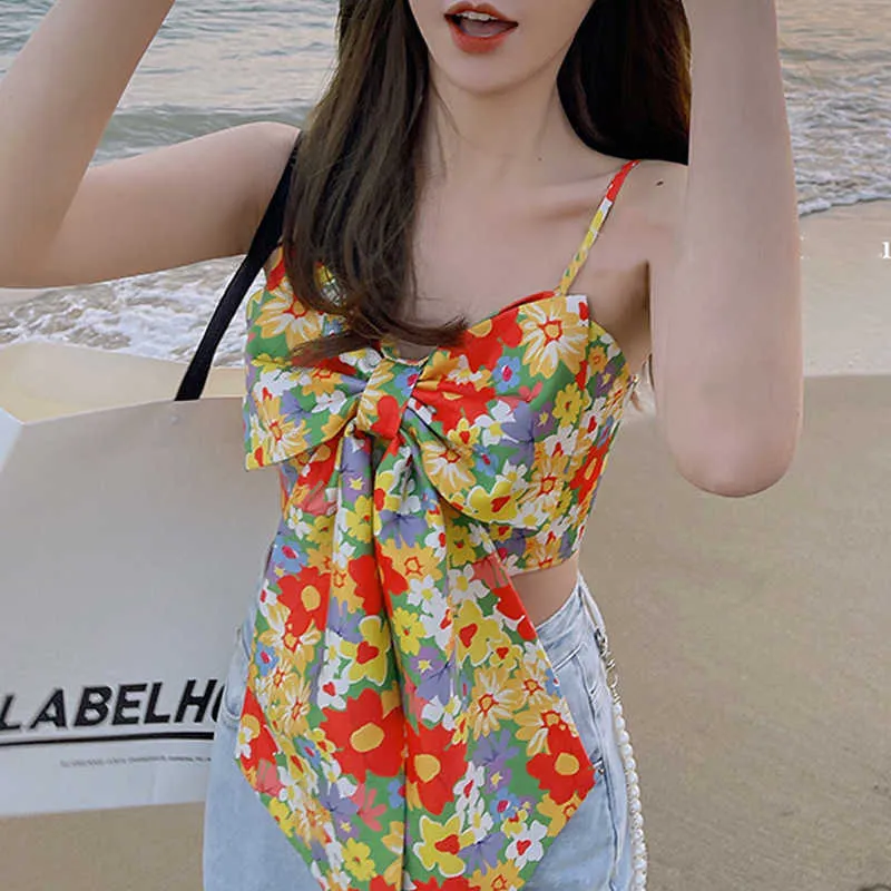 Vintage Floral Camis Tops Designer Bogen Frauen Y2k Strand Französisch Sexy Sommer Strap Koreanische Casual Party Kleidung 210604