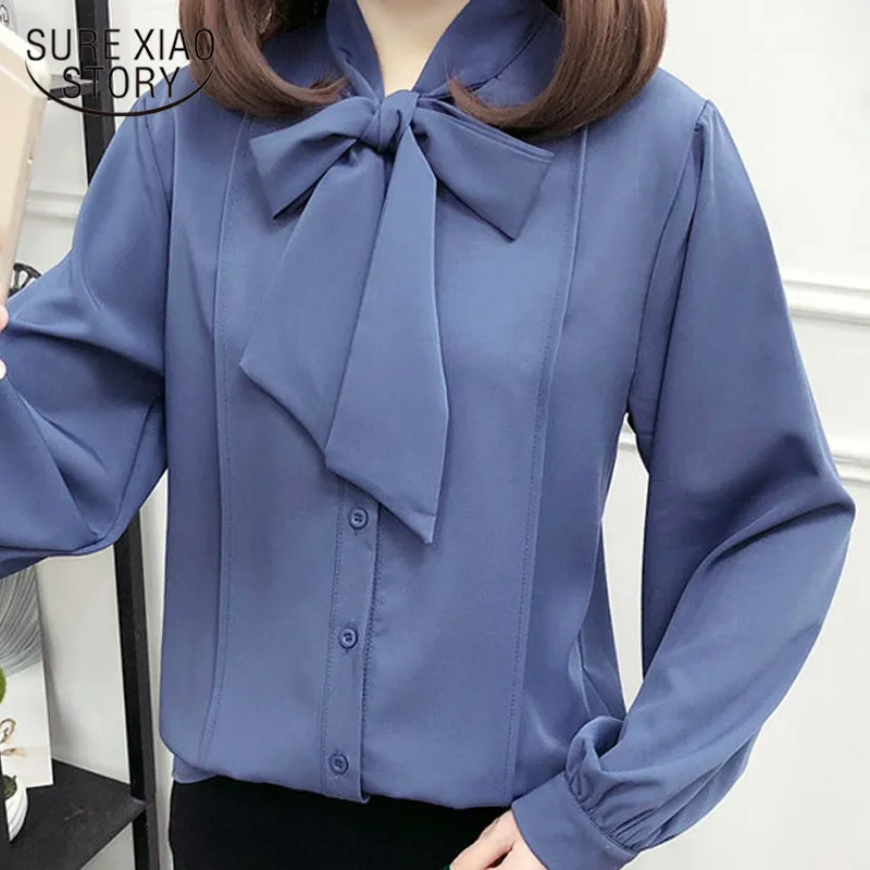 Women Long Sleeve and Blouses Chiffon Shirts Bow-knot White Shirt V-Neck Puff Ladies Tops Plus Size 4XL 5054 50 210417