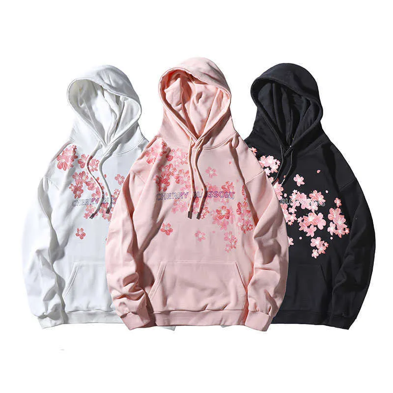 Cherry Blossom Sakura Imprimer Sweats à capuche Harajuku surdimensionné Streetwear Sweatshirts Automne Hommes / Femmes Coton Sweats à capuche CS704 210930