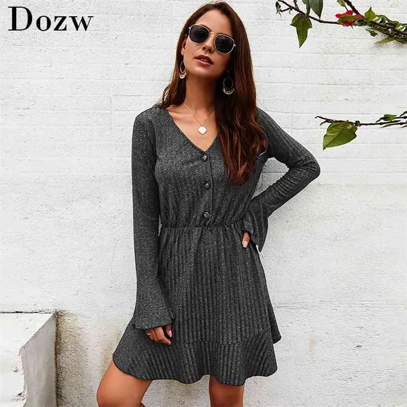 Knitted Women Solid Leisure Autumn Sweater Dress V Neck Flare Sleeve Elegant Mini Ladies Casual es Robe Femme 210515