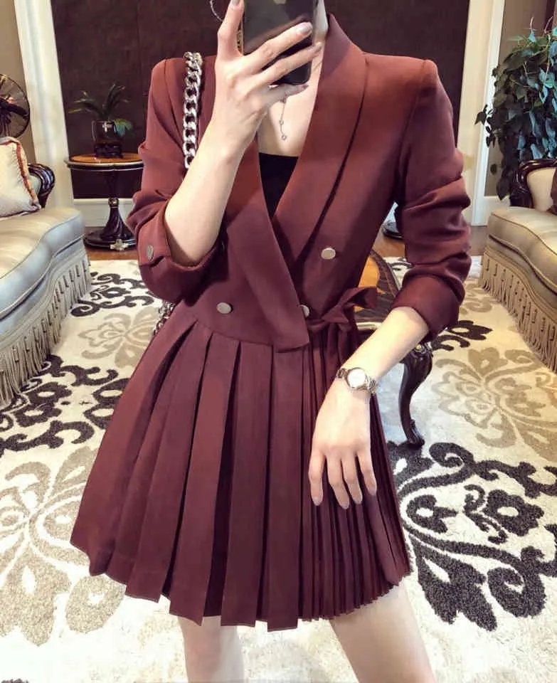 Autumn Korean Elegant Women Chiffon Blazer Dress V-Neck Double-Breasted  Pleated Mini Dress Wine Red Black from Dhgate Basic & Casual Dresses -  price 71.34