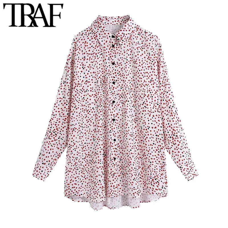 TRAF Women Fashion Heart Print Loose Blouses Vintage Long Sleeve Button-up Female Shirts Blusas Chic Tops 210415