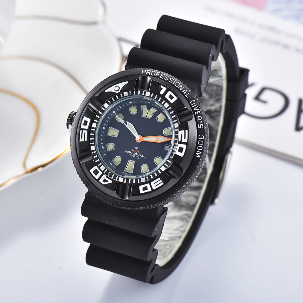 Sport Mens Watches Rubber Strap Quartz Movement Drive Watch Eco Luminous Waterproof Wristwatch Analog Auto Date Rotate Bezel Wrist272f