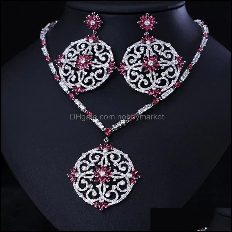 Luxury New Fashion Clear CZ Crystal Wedding Party Flower Cut Necklace Earrings Set for Women Princess Jewelry Set C18122701