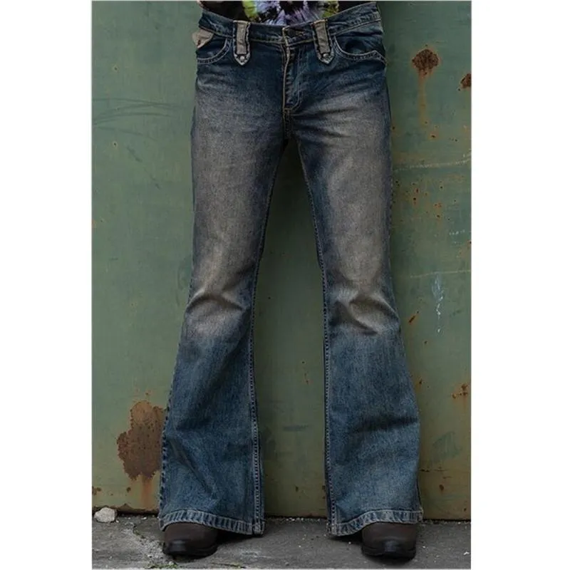 Erkek Kot Erkekler Flared Bootcut Bacak Pantolon Sıkıntılı Patchwork Güz Kış Punk Stlye Çan Alt Denim Pantolon Vaqueros Hombre