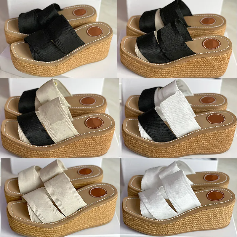 Women Platform Espadrille Sandal Woody Wedge Sliddes Designer Slippers Black White Printing Canvas Sandals Slip-on High Heels Bottom Shoes Top Quality 312