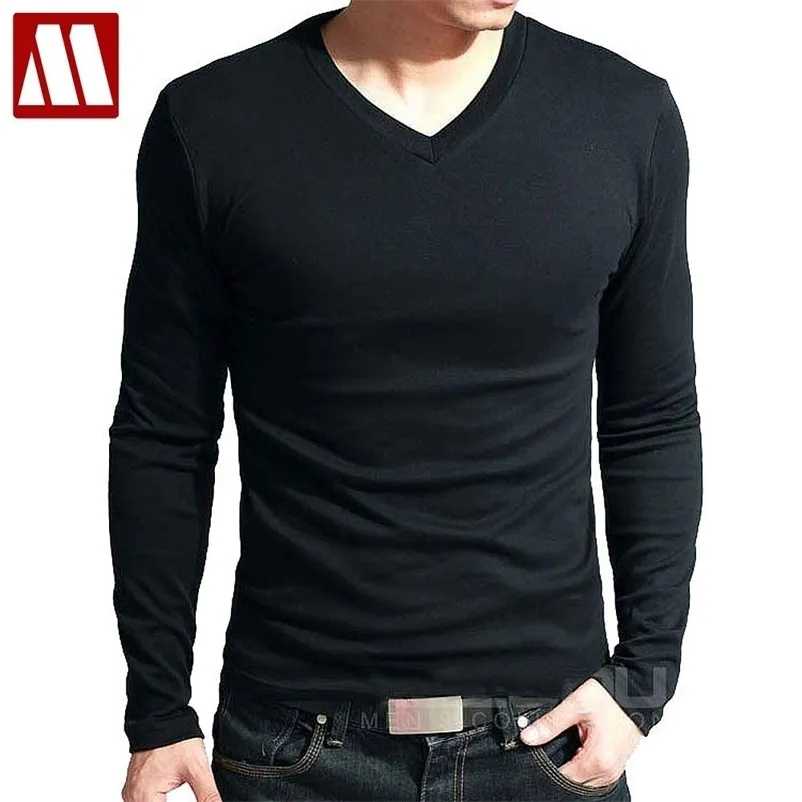 Mola Alto Algodão Elástico camisetas Masculino V Neck Apertado T Camisa de Manga Longa Masculina Fitness Tshirt Ásia Tamanho S-5XL 210409