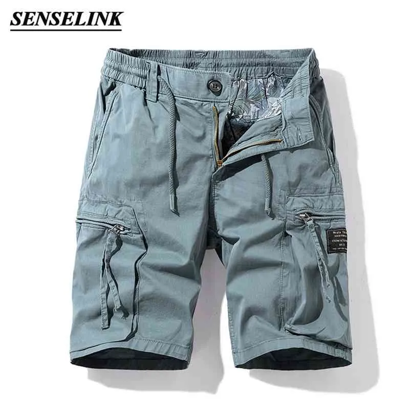 Män Sommar Solid Färg Casual Shorts Classic Pocket Micro-Elastic Fashion Twill Cotton Cargo Stor storlek 28-38 210713