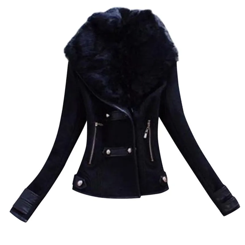 Vinter Kort Suede Läderjacka Kvinnor Plus Storlek Kvinna Motorcykel Biker Faux Fur Lined Coat Woman Windbreaker