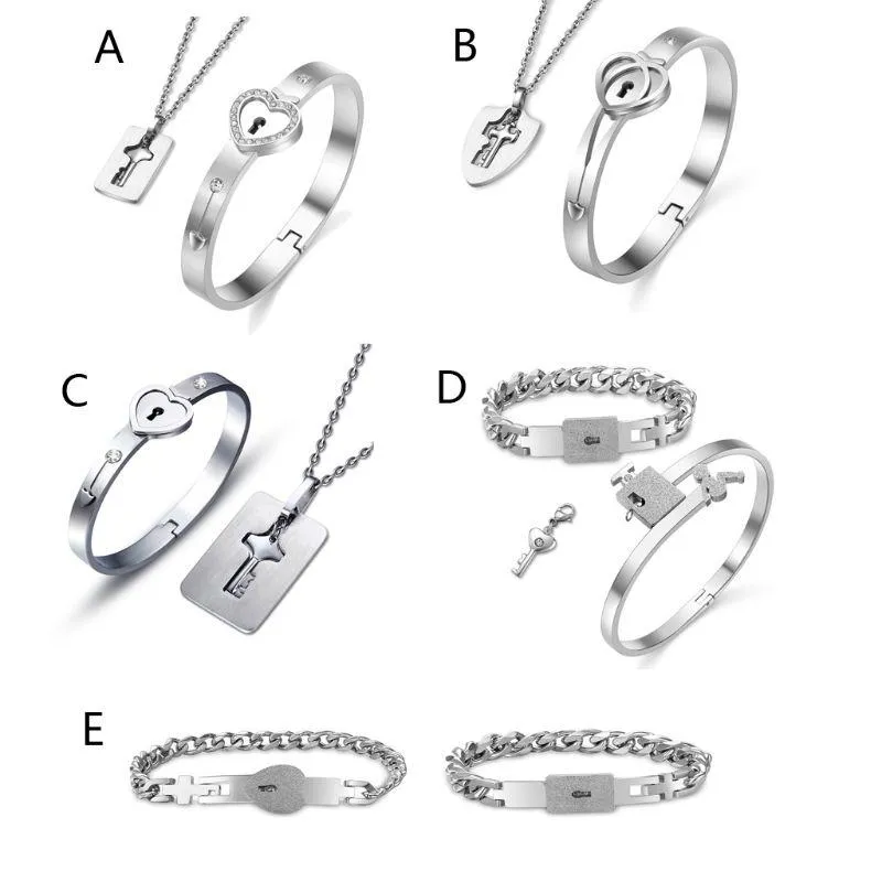 Titanium Steel Love Puzzle Couple Heart Lock Key Bracelet Necklace Lover Jewelry Set Fashion Earrings &