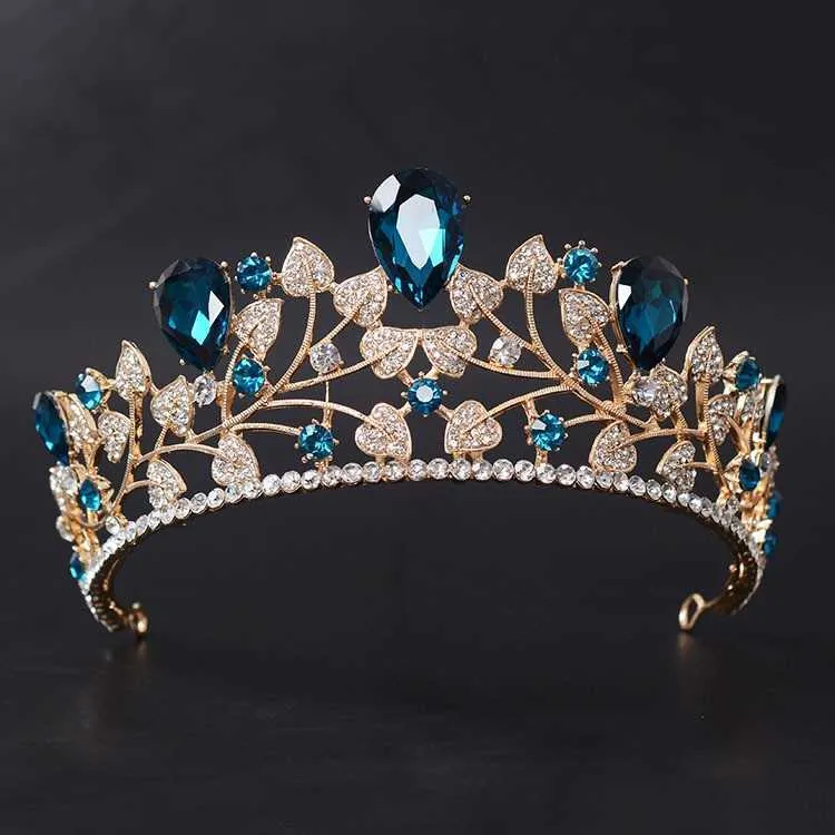 Arrivée magnifique bleu rouge couronne de mariée diadèmes de mode diadème doré pour femmes accessoires de cheveux de mariage bijoux 210616