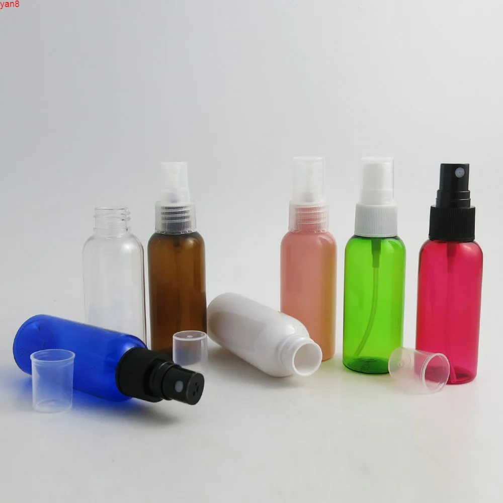 50 x 50ml portátil plástico frasco de perfume 50cc Ostomizador de ombro redondo 5 / 3Oz bonito névoa pulverizador meia cobertura recipientes