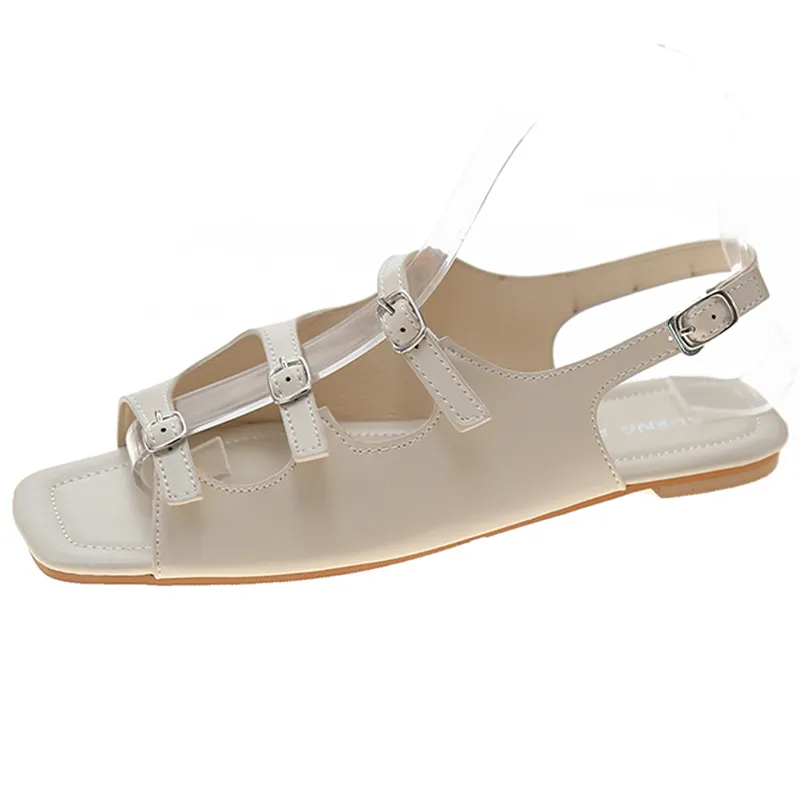 Kvinnor Sandaler 2021 Sommar Rom Style Gladiator Metal Buckle Flats Smalband Böhmen Vintage Casual Kvinna Läder Sandaler Hi56gre33