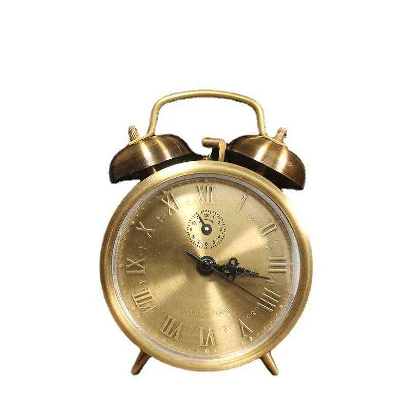 Antieke Pure Koper Wekker Mechanische Retro Tafel Klokhorloges Slaapkamer Silent Gold Nark Clocks Metalen Desk Decoratie 211111